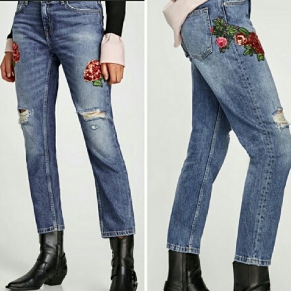 Zara Denim - Zara Z1975 Denim Sequins Rose Patch Jeans - Sz. 2